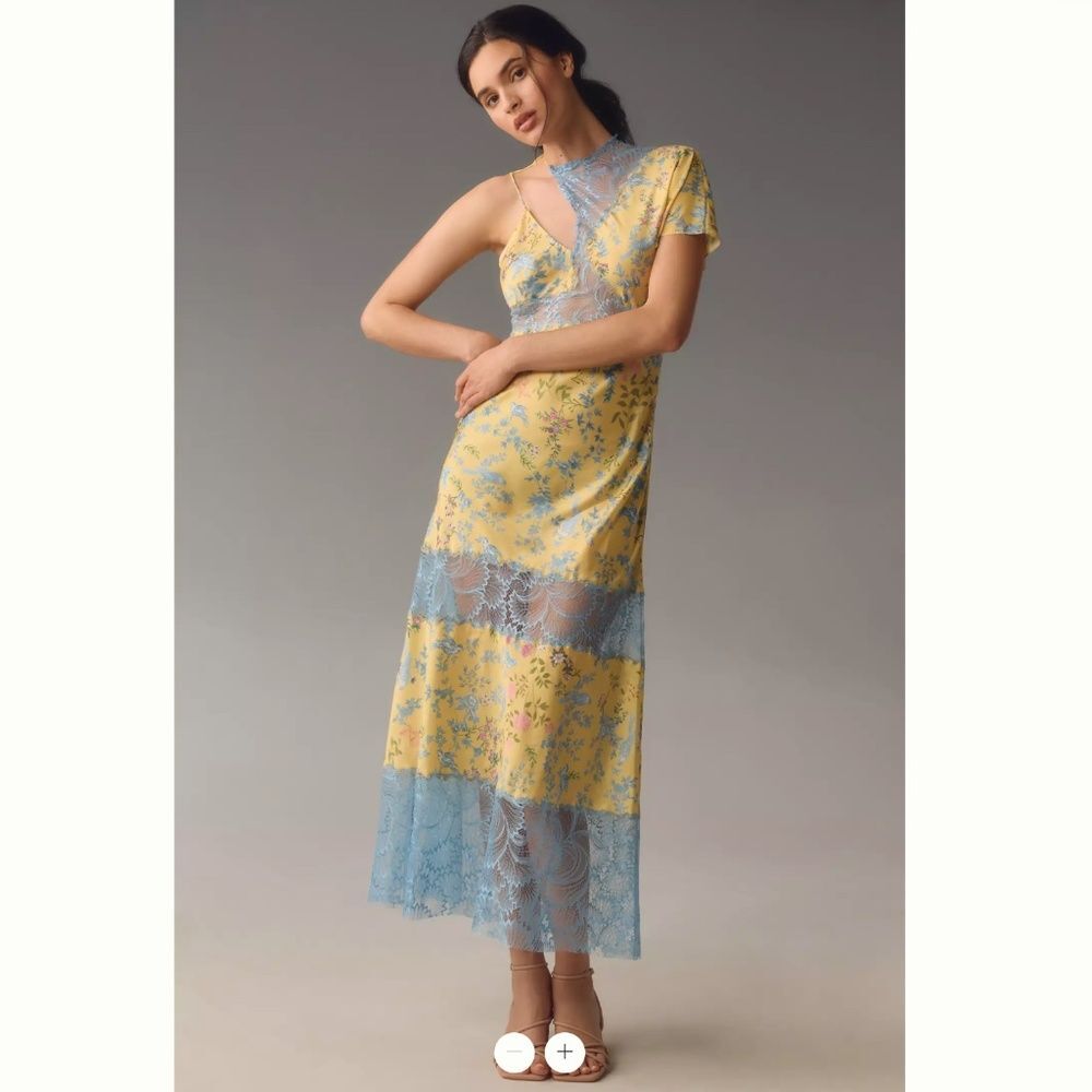 Anthropologie Yellow and Light Blue Lace-Trim Floral Midi Dress